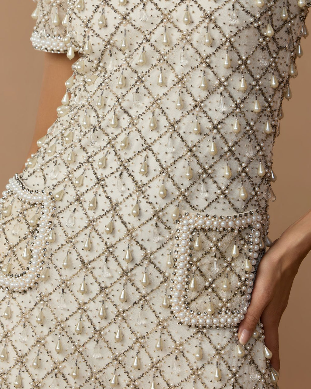 Ivory Pearl Embellished Short Sleeve Mini Dress