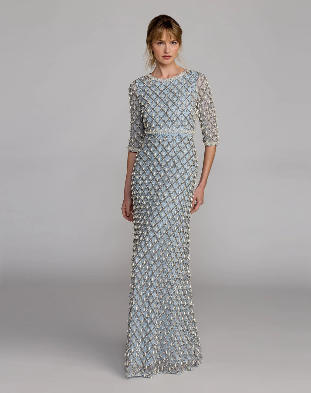 Blue Pearl Embellished 3/4 Sleeve Gown