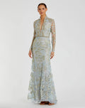 Blue Queen Anne Lace Long Sleeve V-Neck Trumpet Gown