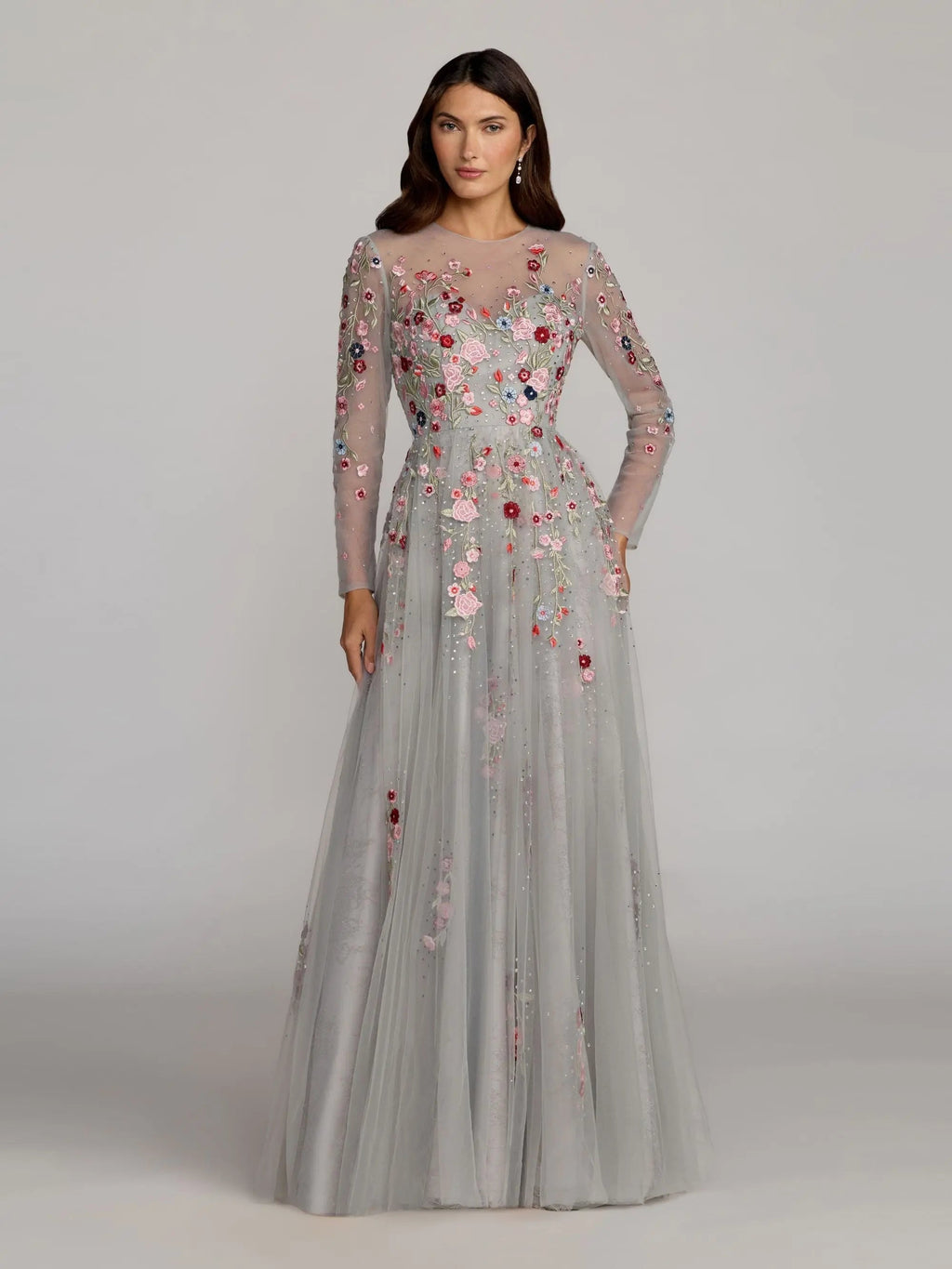 Gray Embroidered Illusion High Neck Long Sleeve A Line Gown