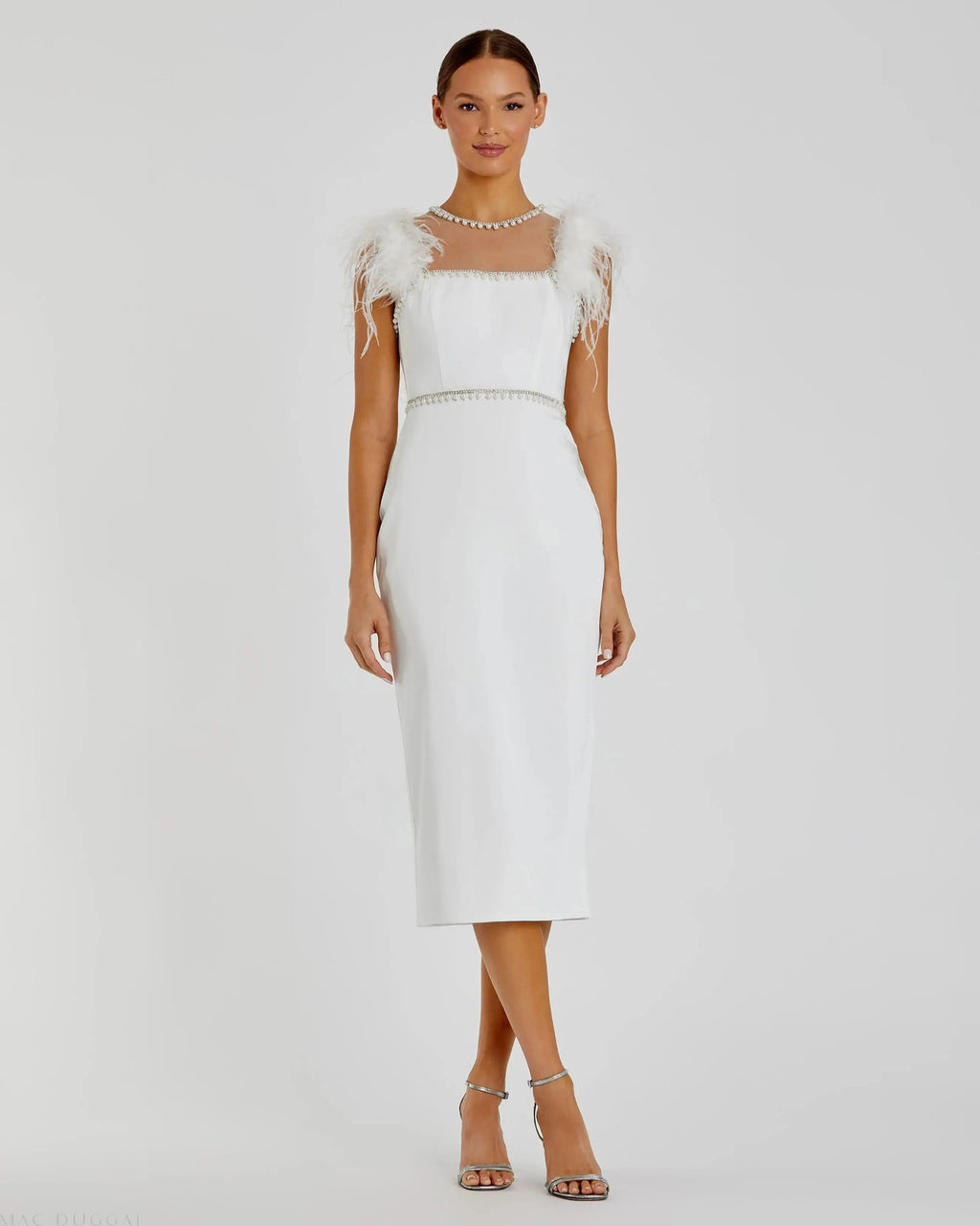 White Feather Cap Sleeve Pearl Embellished Tea-length Dress