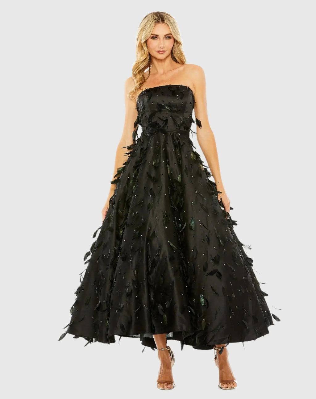 Black Strapless Feather Embellished Satin A-Line Dress