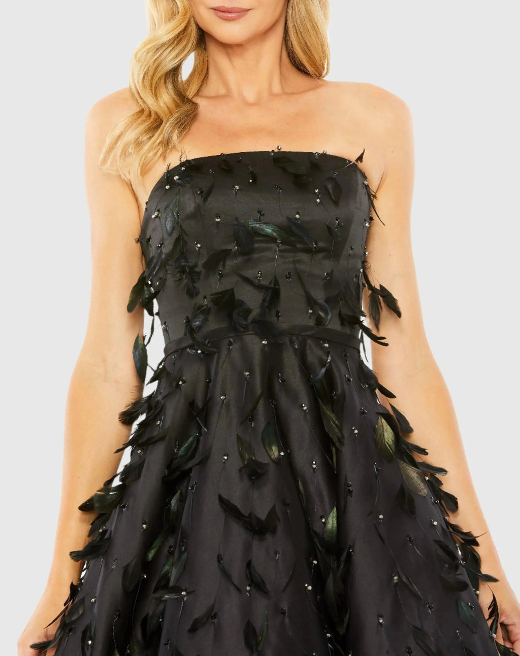 Black Strapless Feather Embellished Satin A-Line Dress