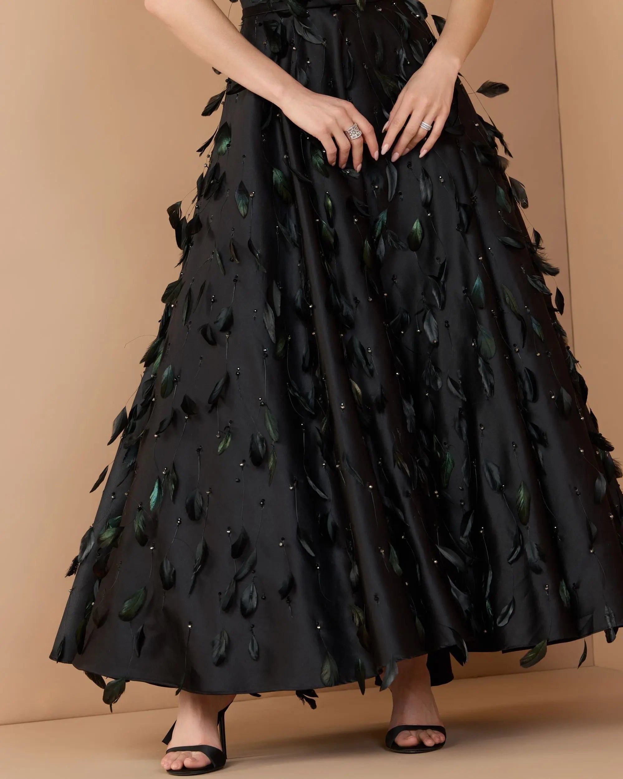Black Strapless Feather Embellished Satin A-Line Dress