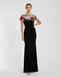Black Floral Embellished Jersey Column Gown