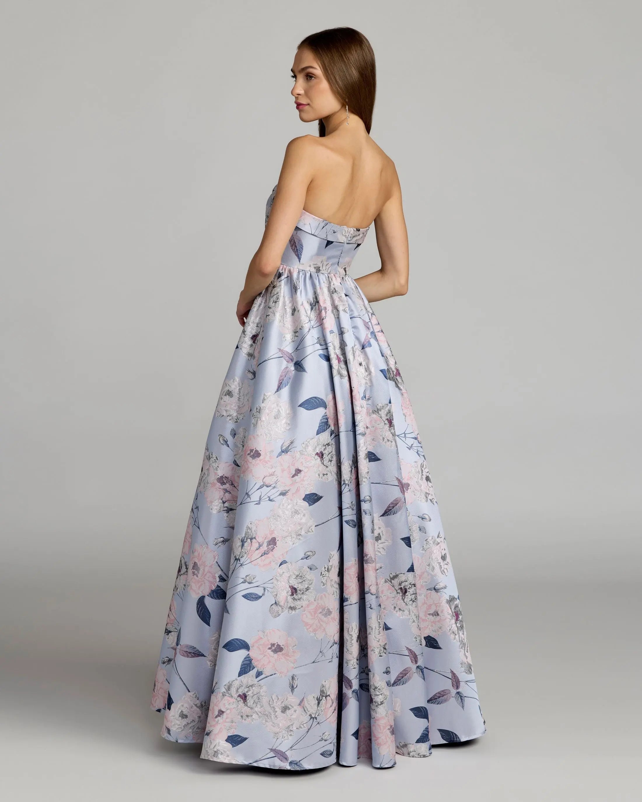 Blue Floral Brocade Strapless Ball Gown