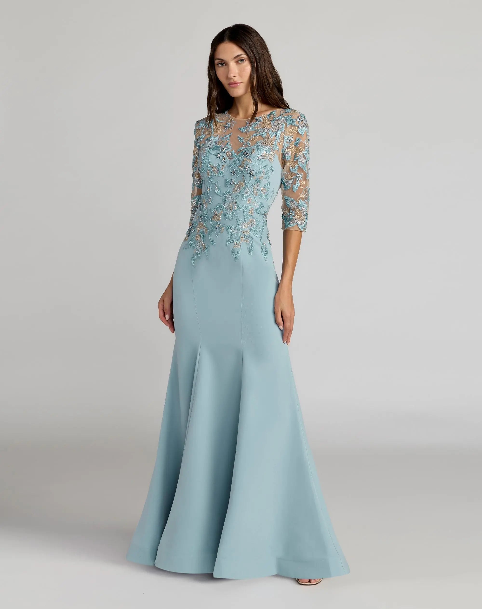Blue Embroidered Crepe Mermaid Gown With 3/4 Sleeves