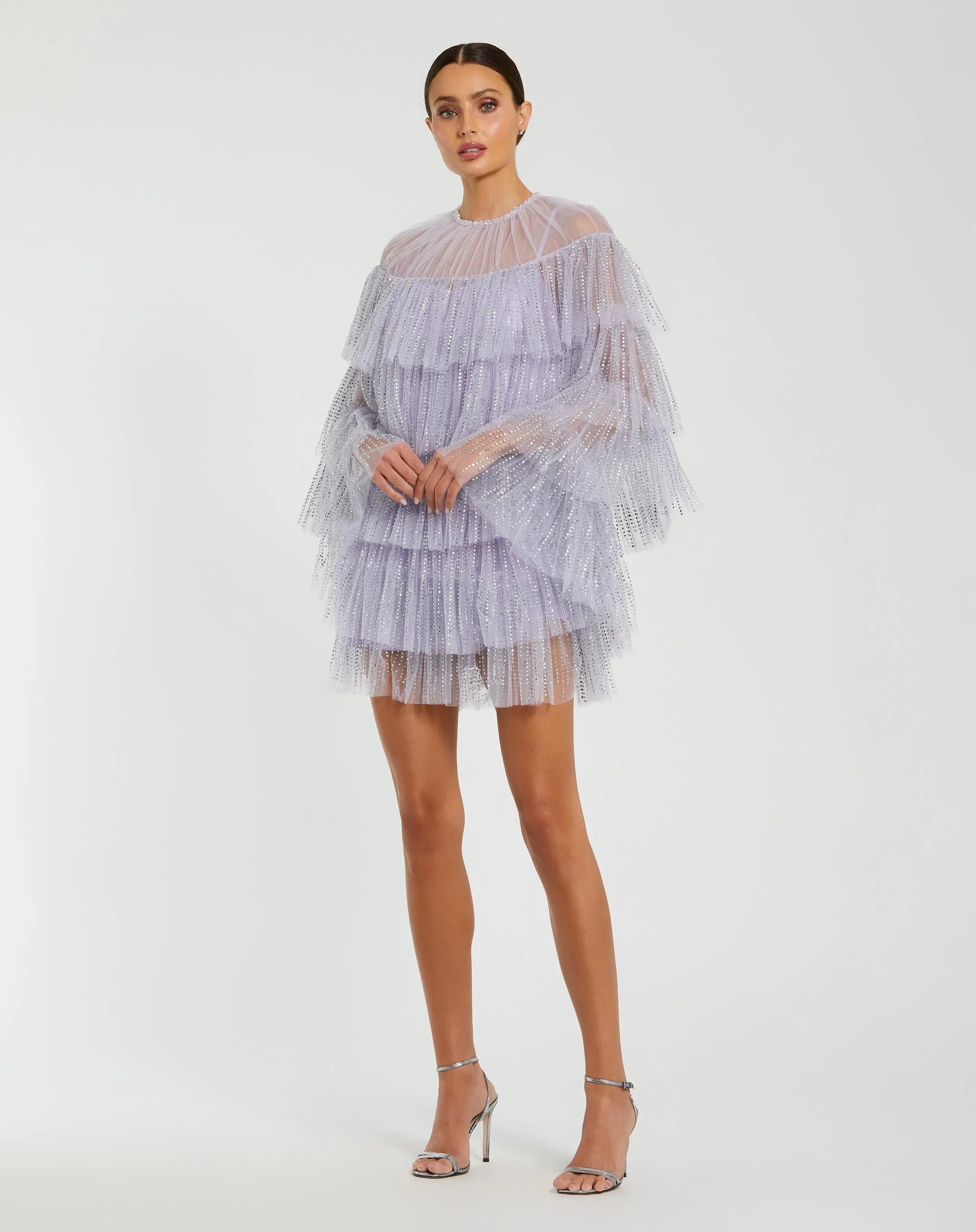 Purple Embellished High Neck Ruffle Mini Dress