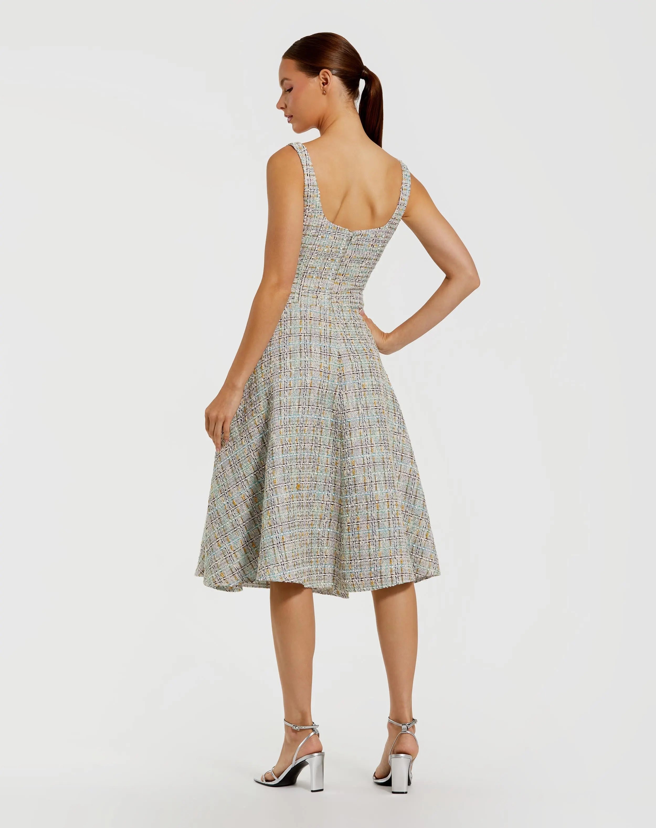 Multicolor Sleeveless Drop Waist Boucle Midi Dress