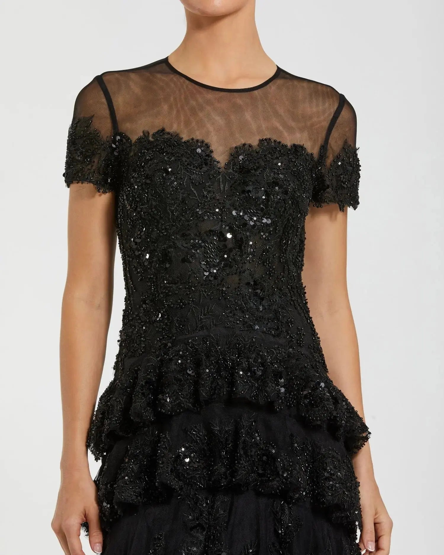 Black Embellished High Neck Gown With Tiered Ruffle Skirt