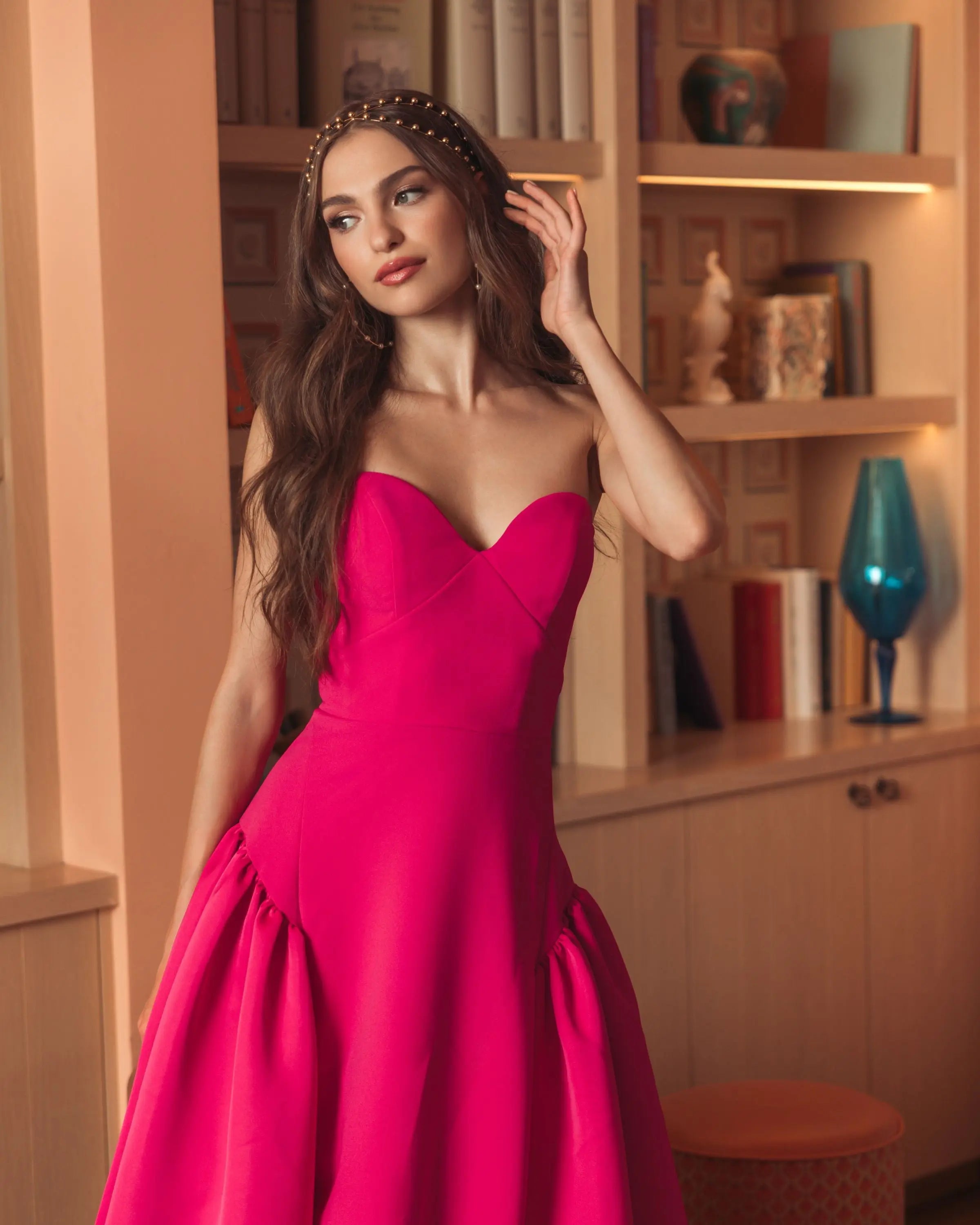 Pink Strapless Crepe Ball Gown With Satin Skirt