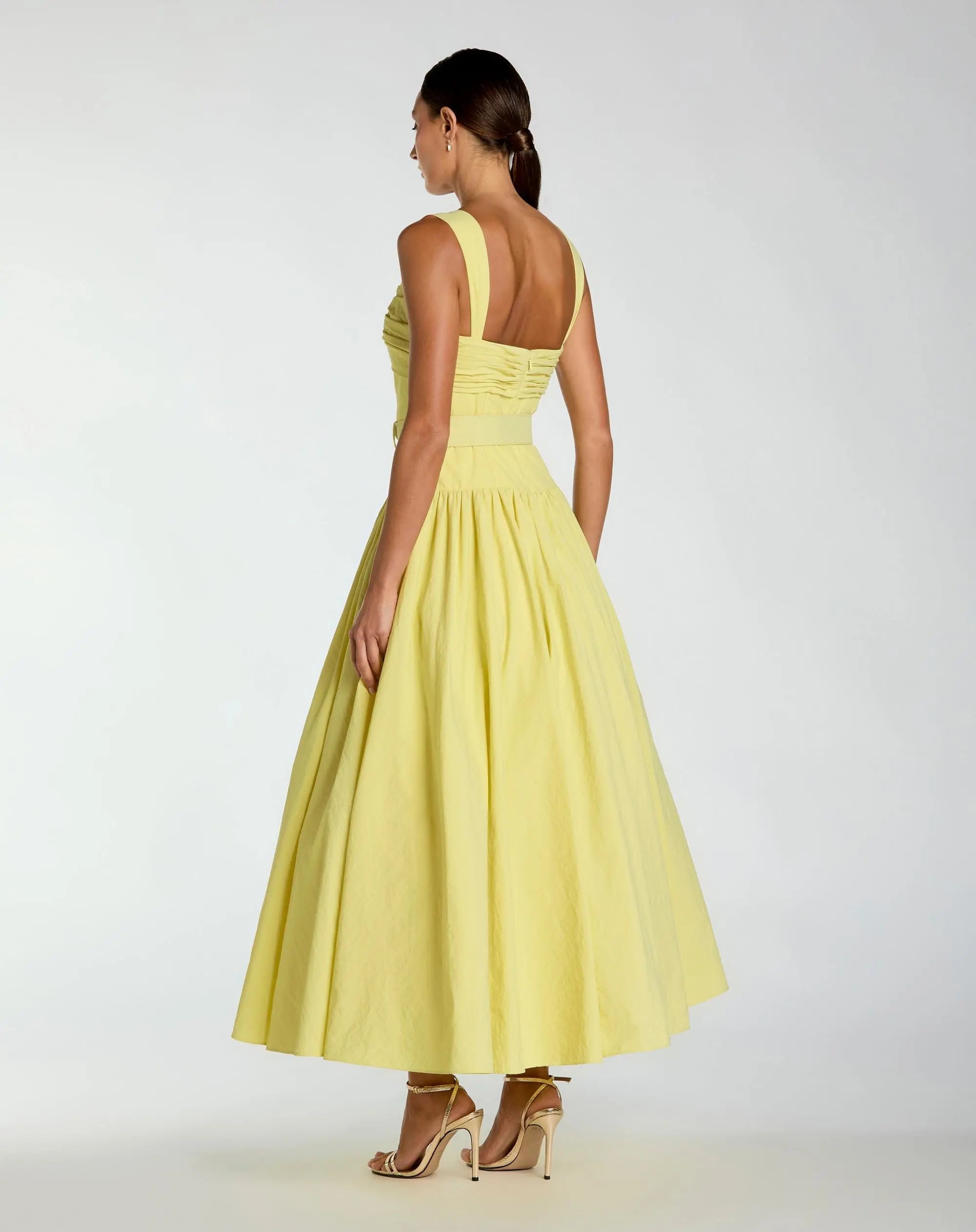Yellow Sleeveless Faille A-Line Midi Dress With Belt