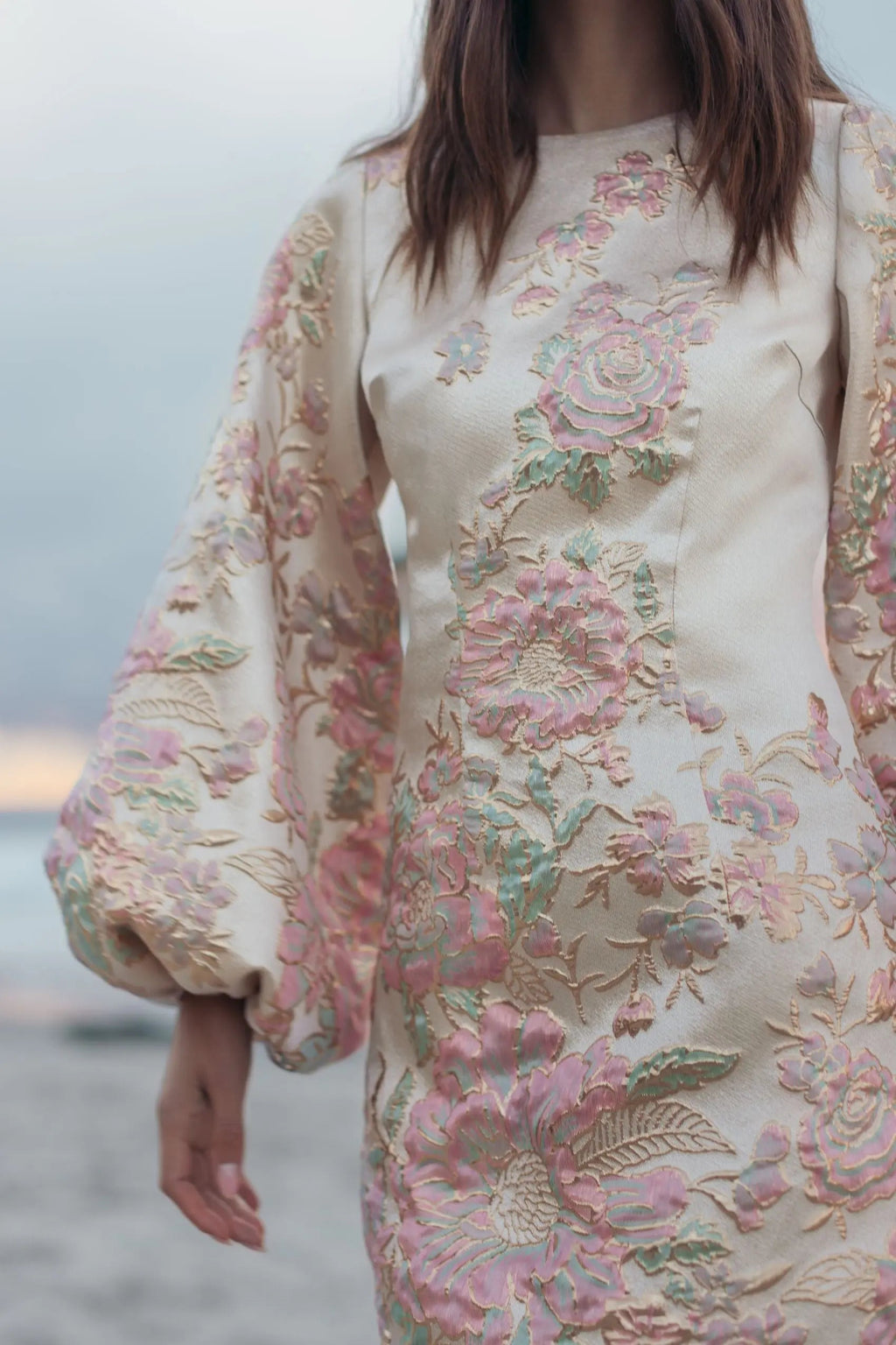 Ivory Brocade High Neck Long Sleeve Mini Dress