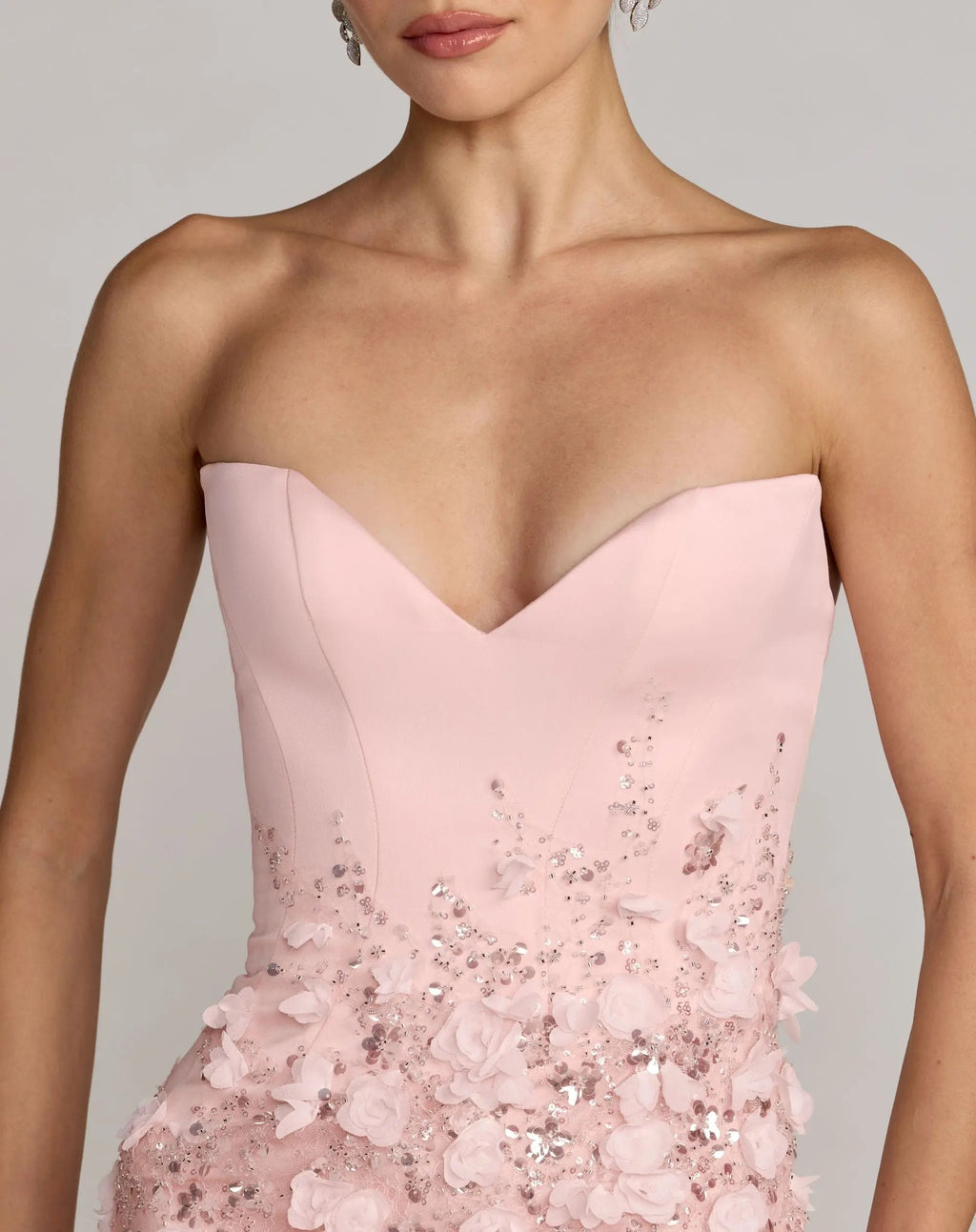 Pink Floral Satin Strapless Sweetheart Gown With Slit