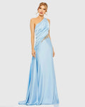 Blue One Shoulder Charmeuse Gown With Beaded Cutout