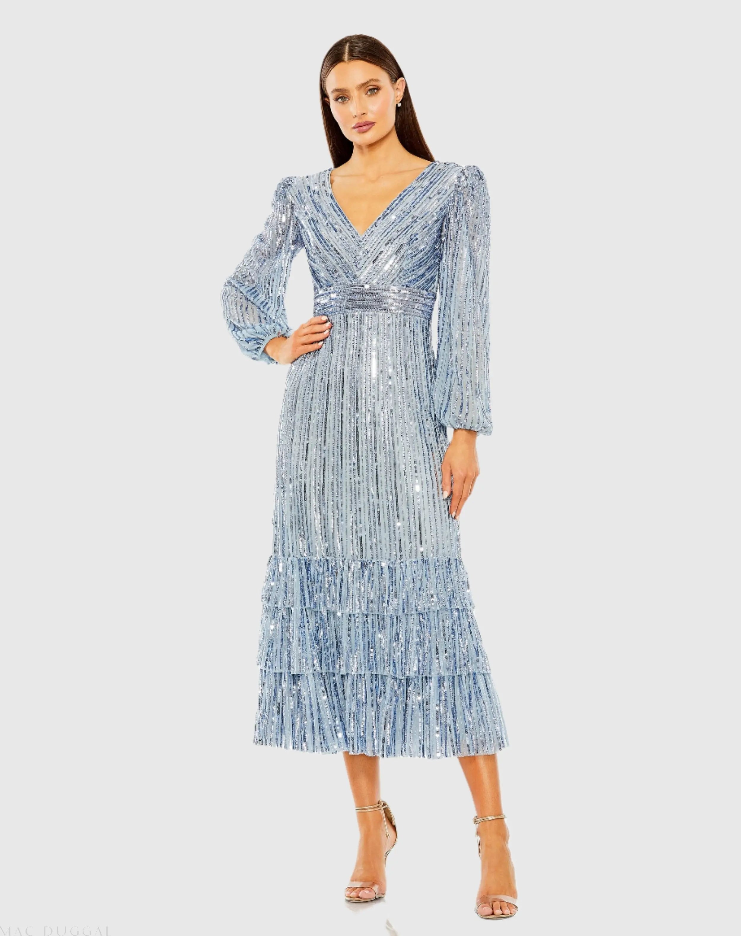 Blue A-Line V-Neck Sequin Ruffle Dress