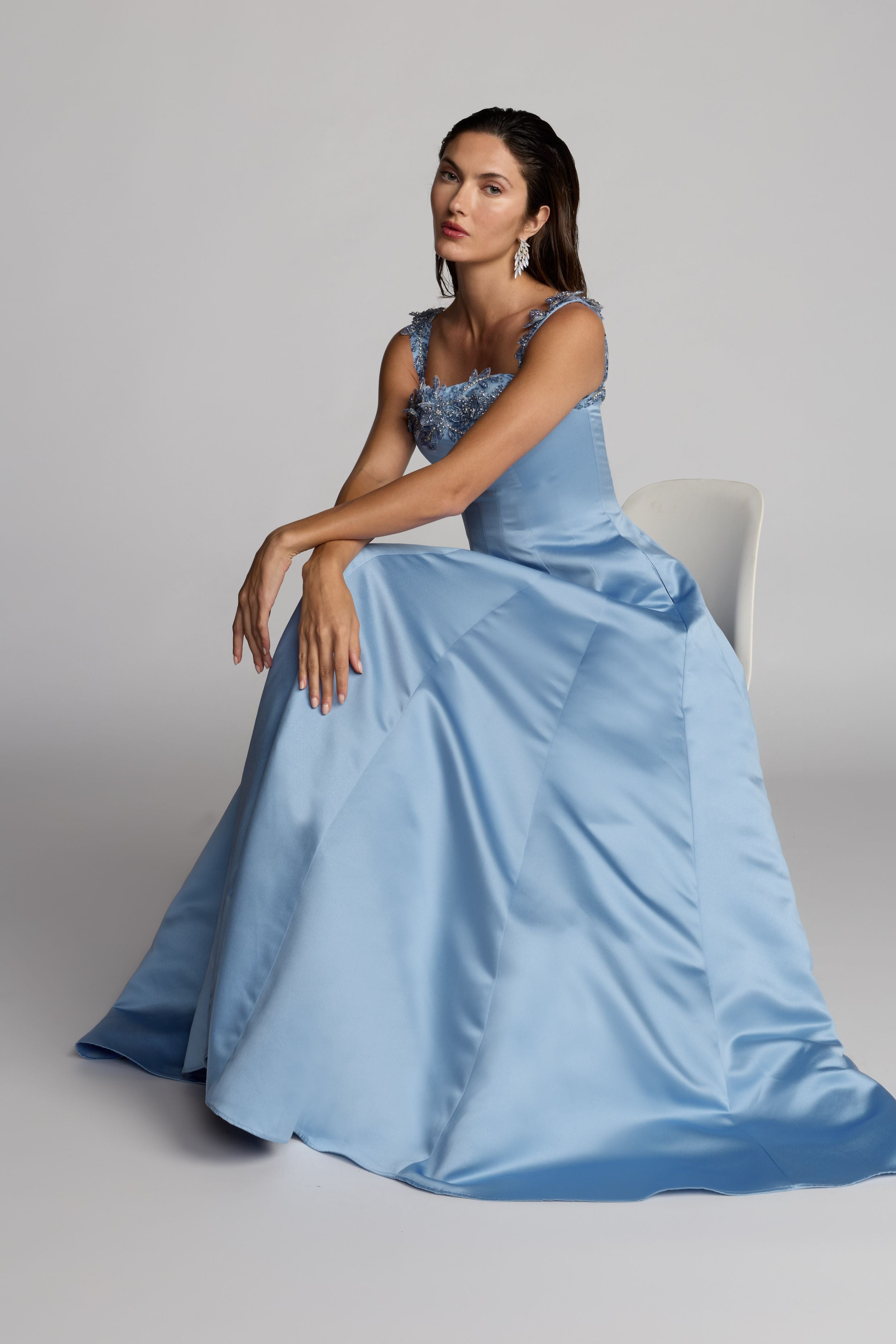 Blue Satin Ball Gown With 3D Embellished Flowers