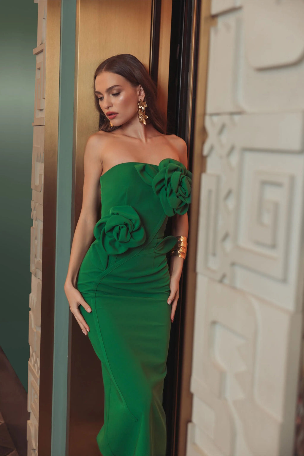 Green Strapless Crepe Dress With 3D Flower Detail