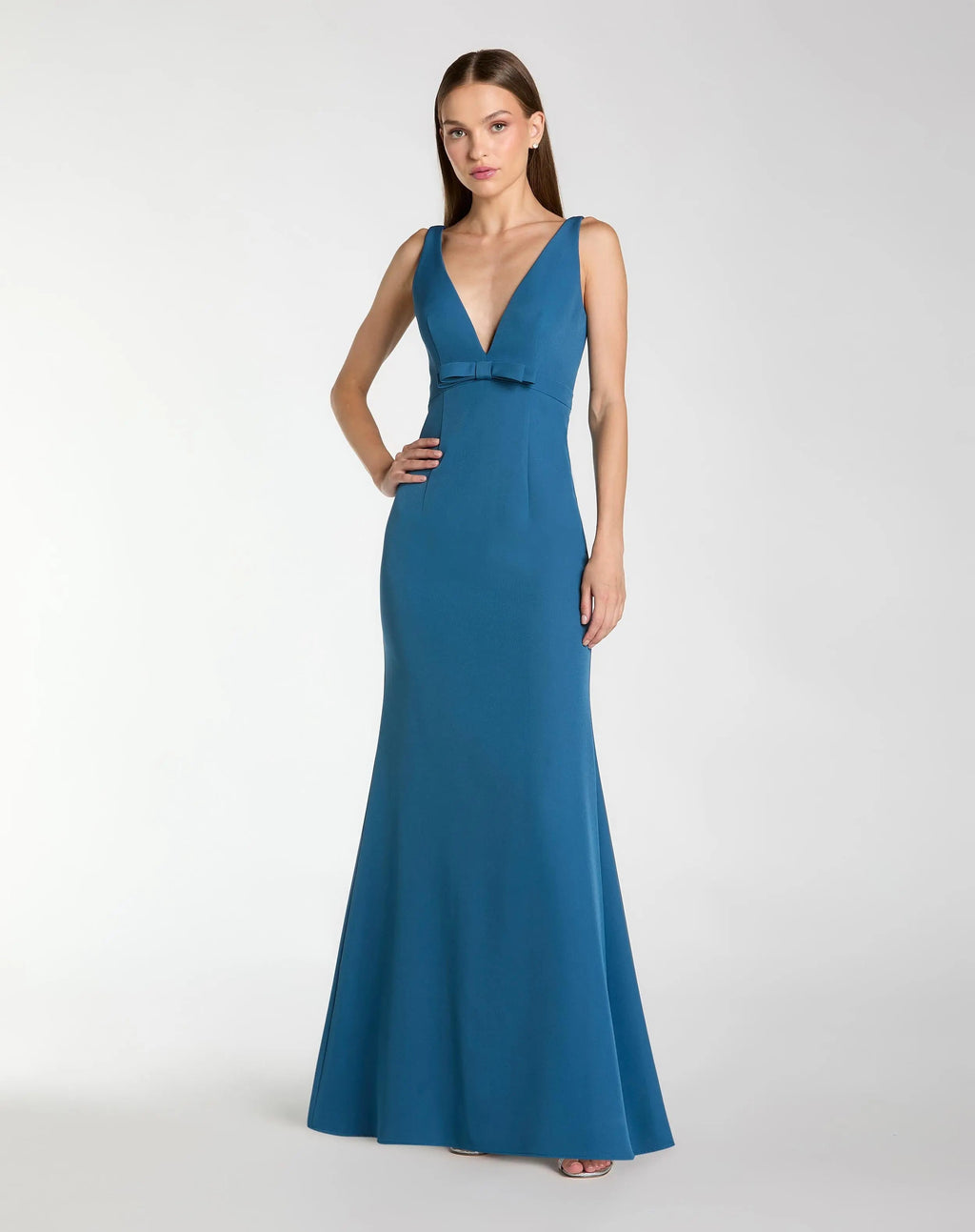 Blue Crepe Sleeveless V Neck Mermaid Gown With Bow