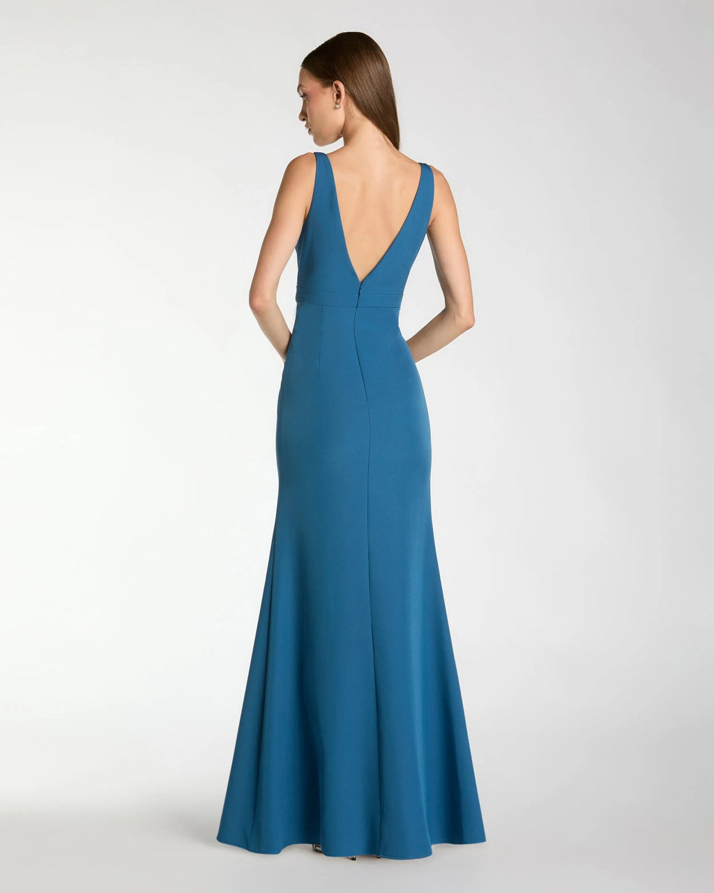 Blue Crepe Sleeveless V Neck Mermaid Gown With Bow