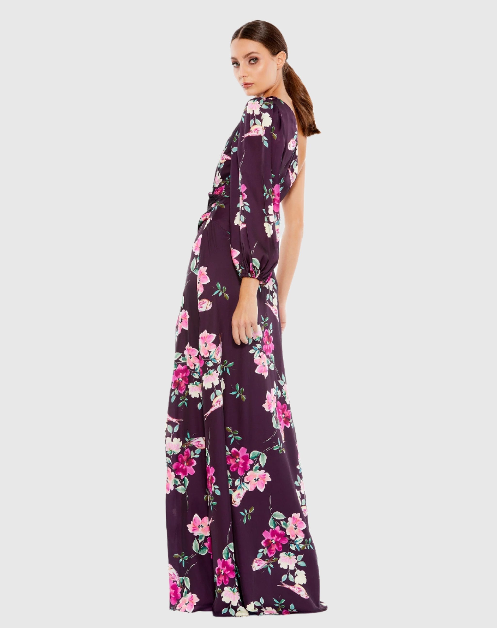 Purple One Sleeve Floral Print Charmeuse Gown With Slit