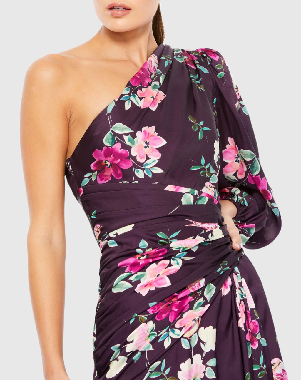 Purple One Sleeve Floral Print Charmeuse Gown With Slit