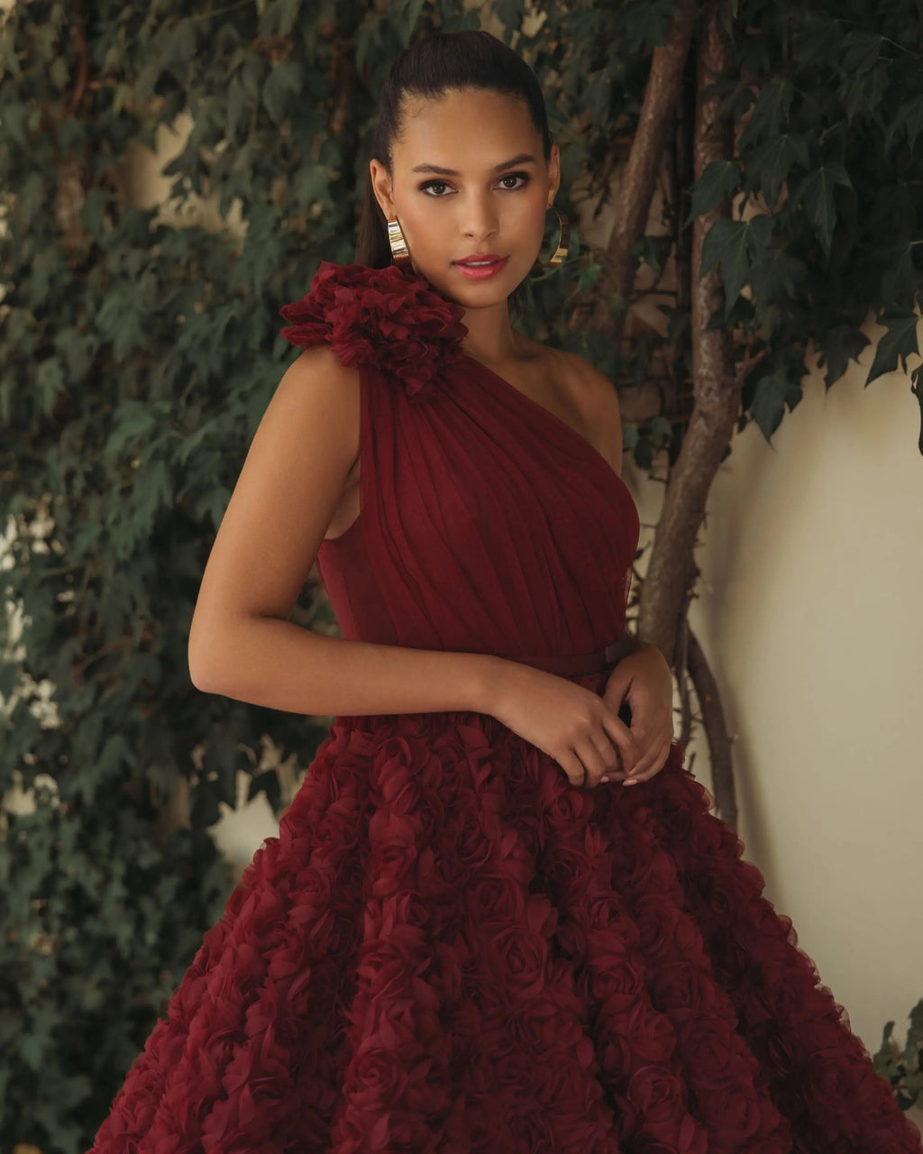 Red One Shoulder 3D Floral Rosette Midi Dress