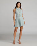 Blue Pleated A Line Mini Dress with Pearl Button Detail