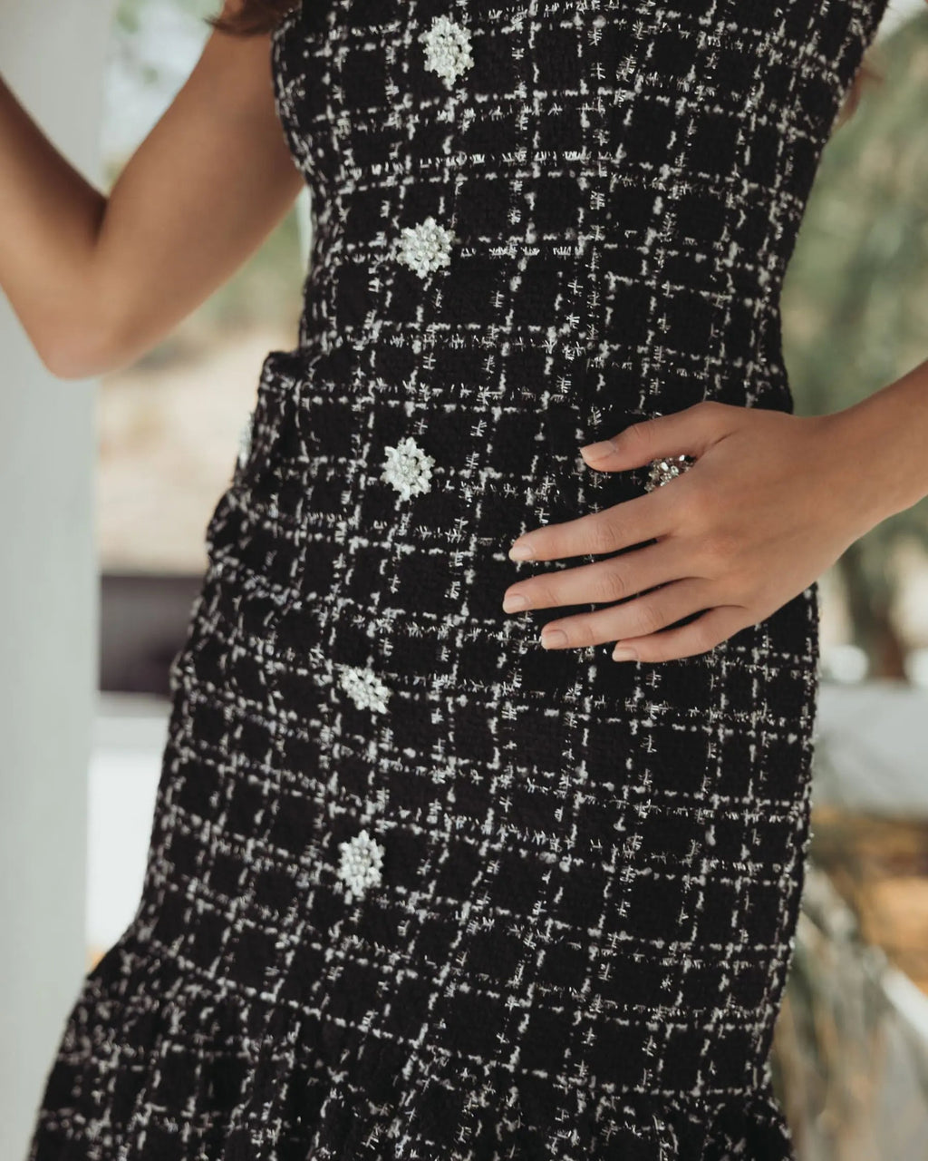 Black Cap Sleeve Boucle A Line Midi Dress