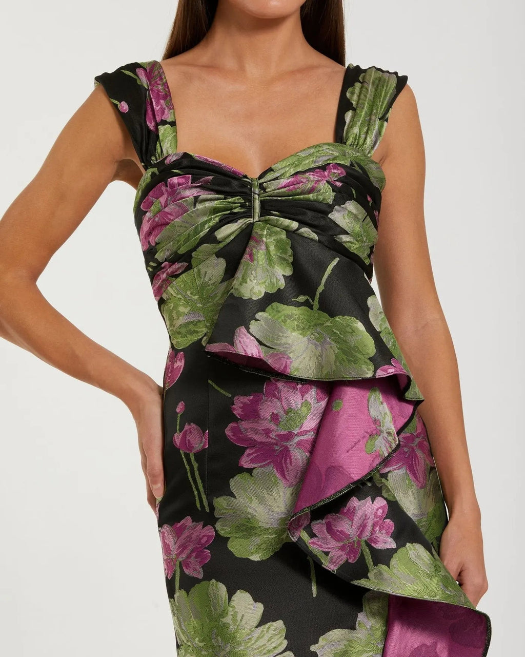 Black Sleeveless Floral Maxi Dress With Ruffle Detail