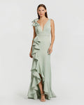 Green Sleeveless Ruffled V-Neck Gown With Bow