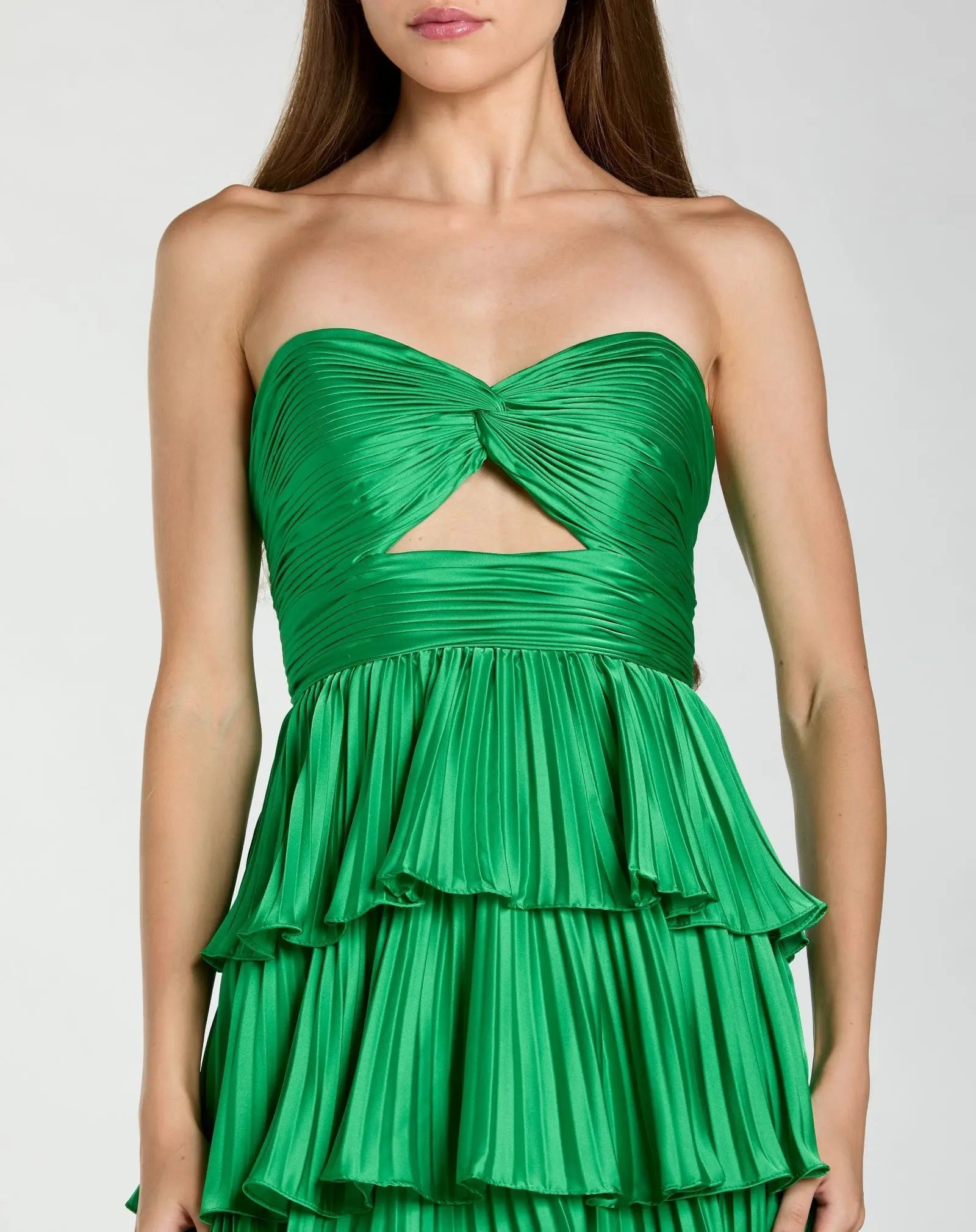 Dark Green Pleated Charmeuse Strapless Tiered Ruffle Gown