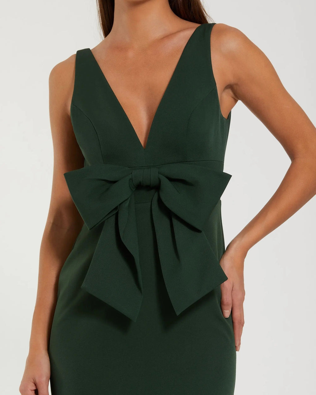 Green Crepe Sleeveless V-Neck Gown with Bow