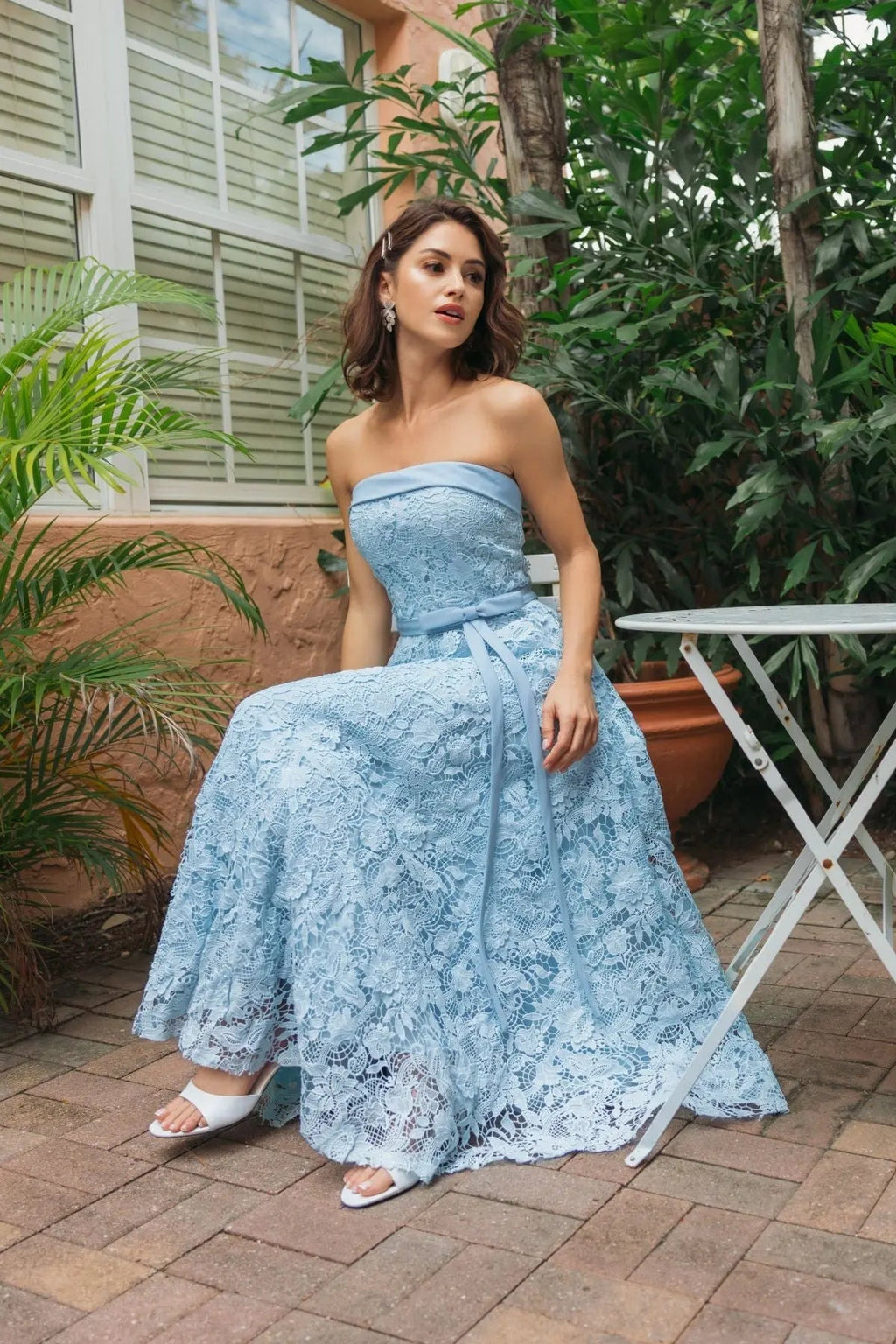 Blue Embroidered Lace Strapless Midi Dress With Bow Detail