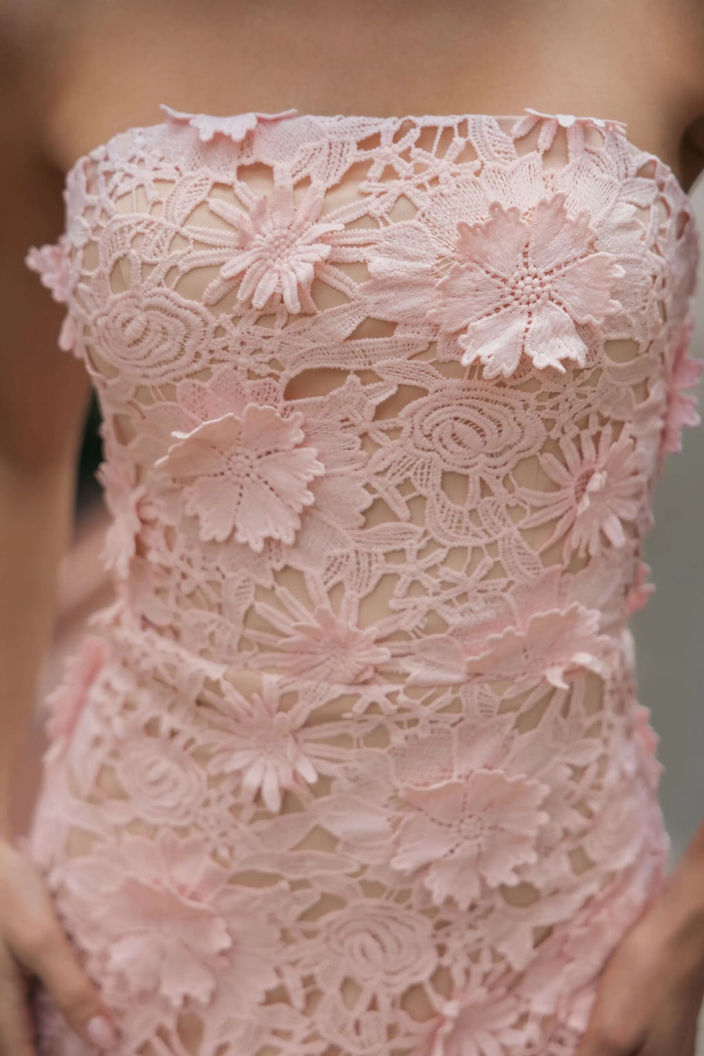 Pink Strapless 3D Floral Midi Dress