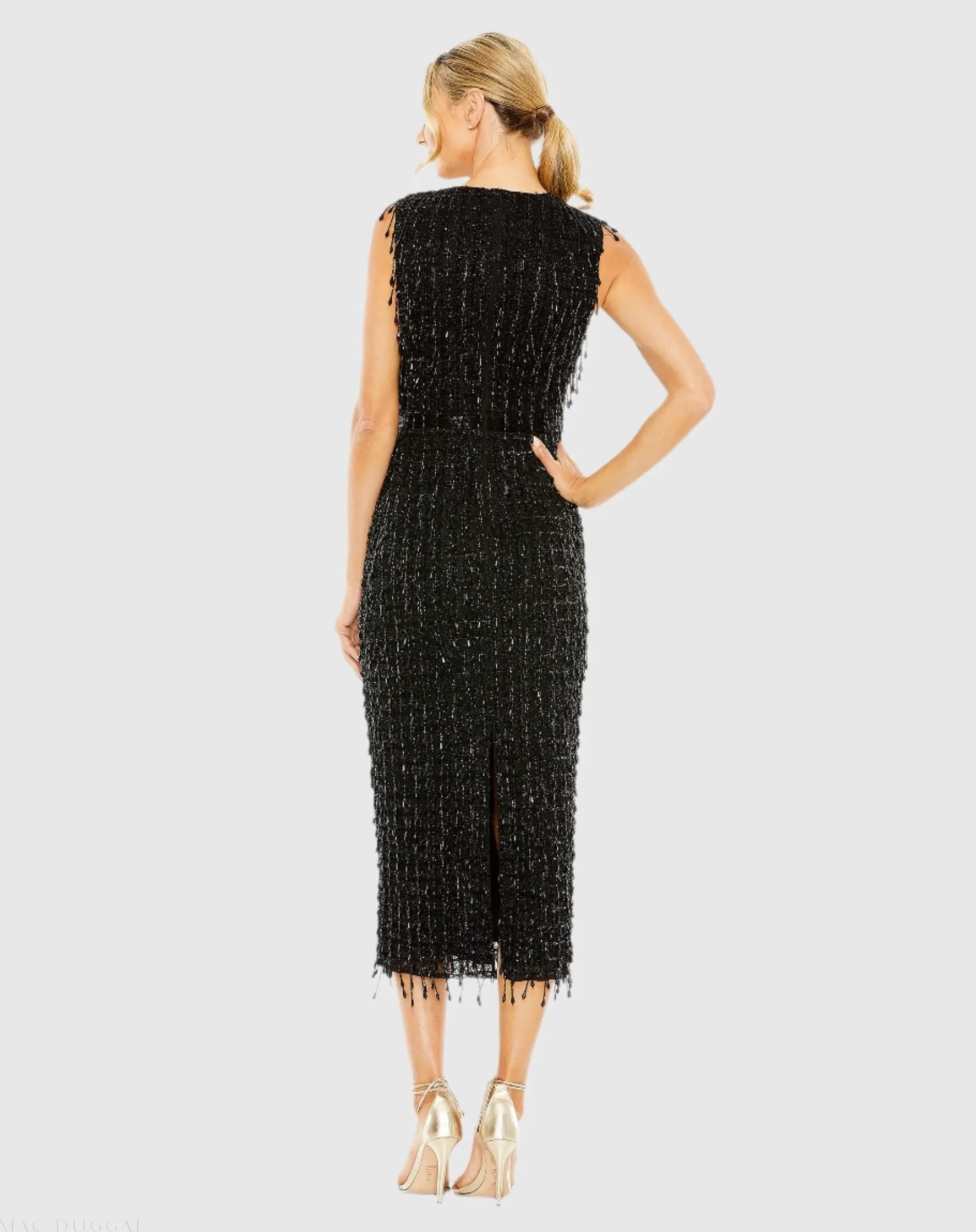 Black Sleeveless High Neck Beaded Midi Sheath Dress