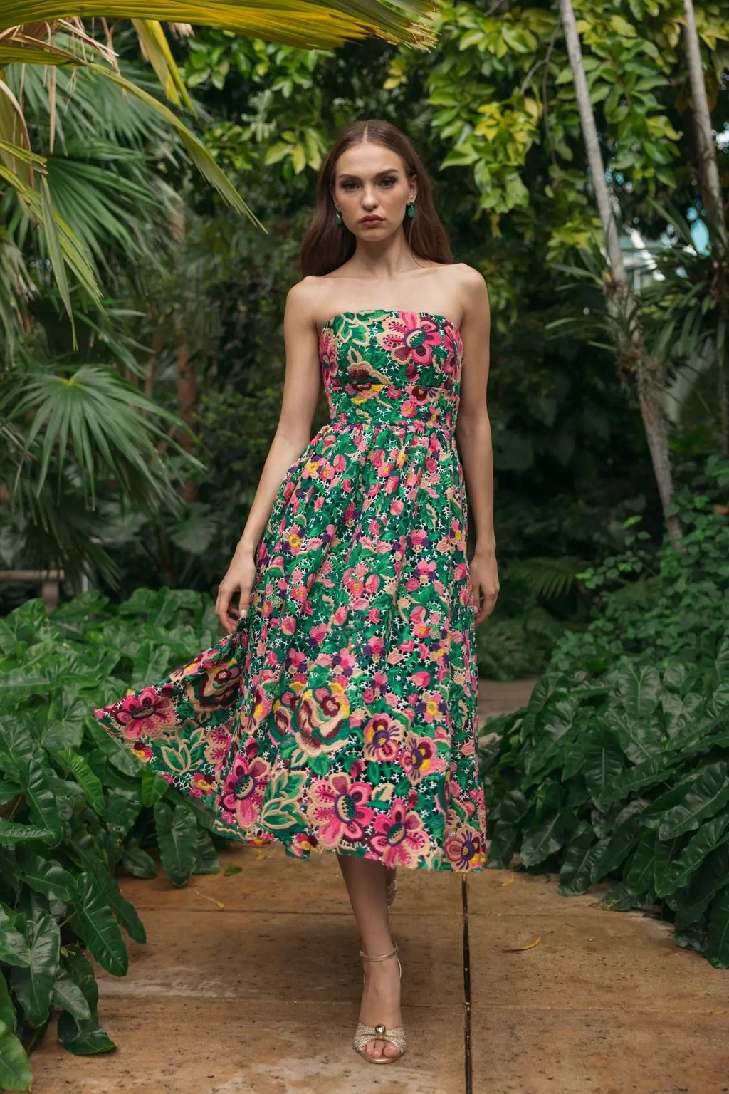 Green Strapless Floral Embroidered Midi Dress