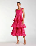 Pink Sleeveless Embroidered Lace Ruffle Midi Dress
