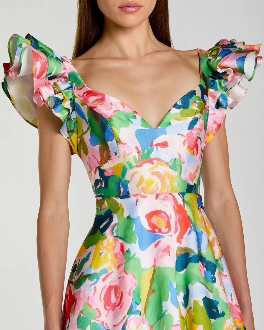 Multicolor Floral Ruffle Cap Sleeve Ball Gown