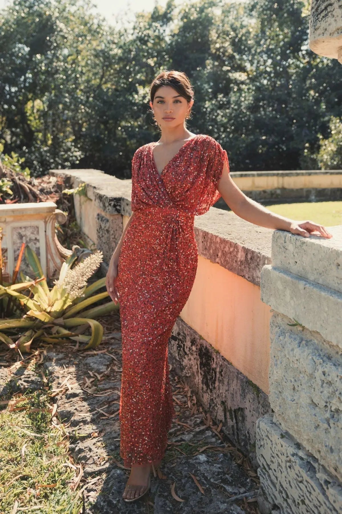 Red Sequin Draped Sleeve V-Neck Gown
