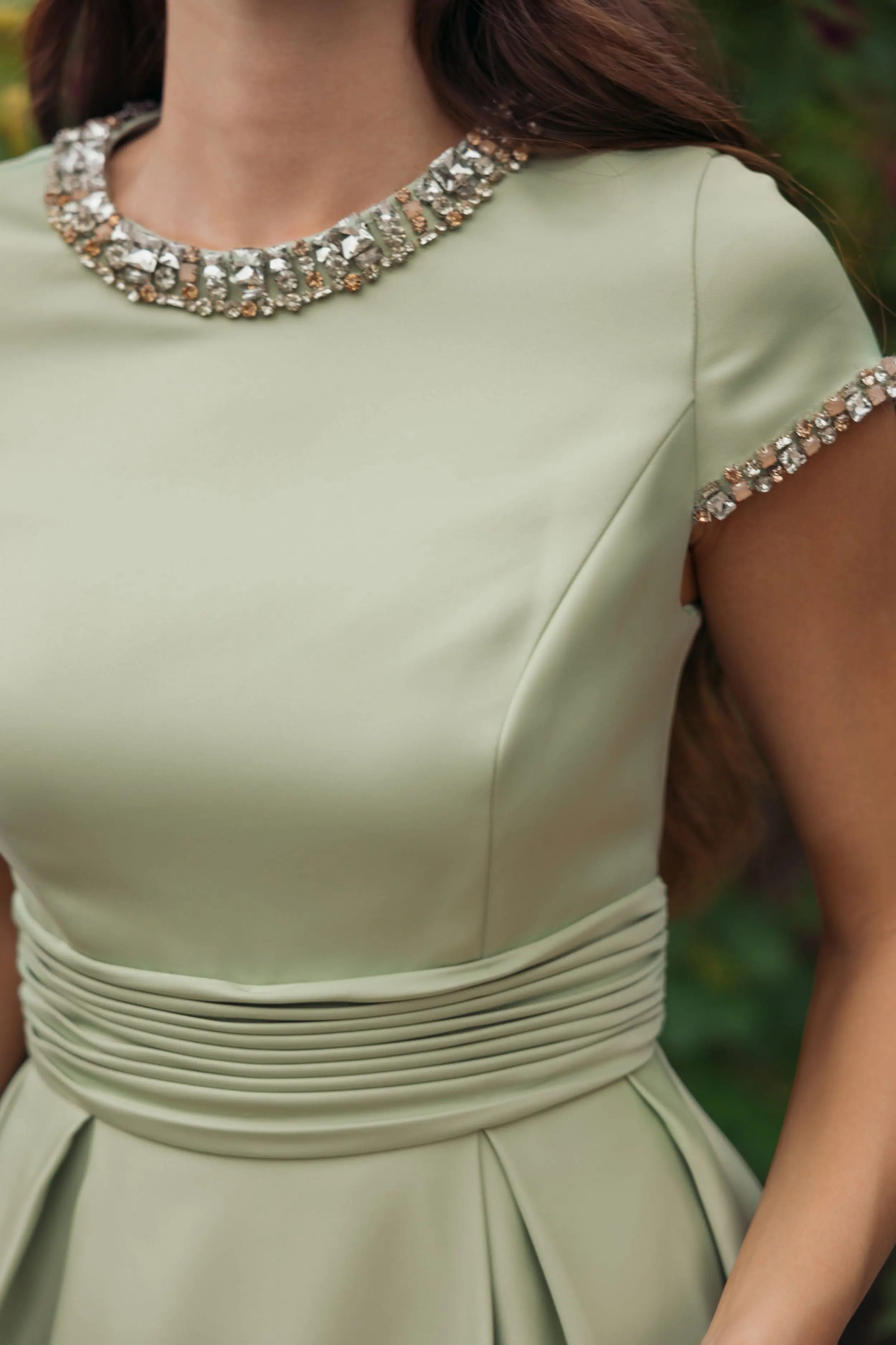Green Embellished Satin Cap Sleeve Ball Gown