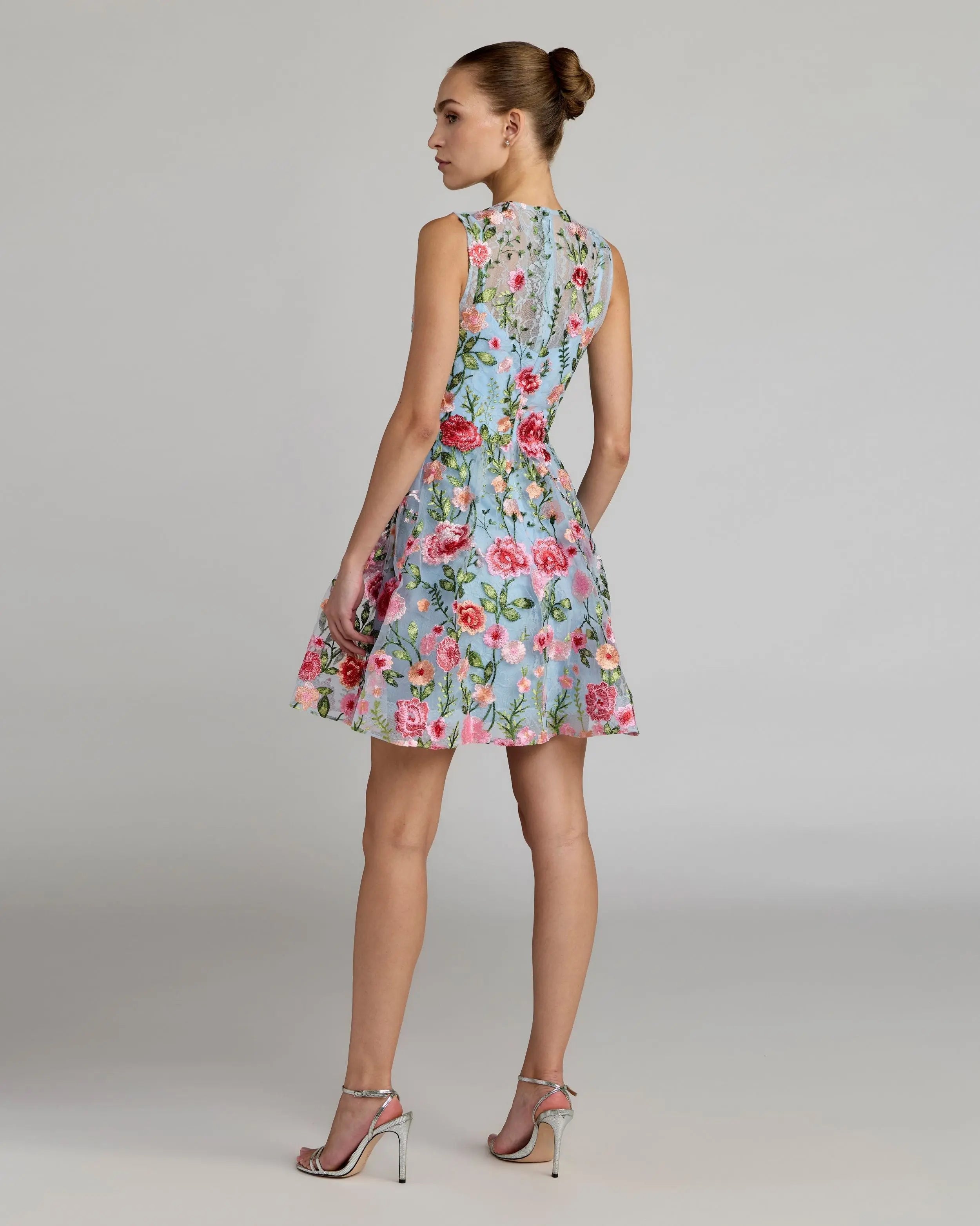 Blue Floral Embroidered Sleeveless A-Line Mini Dress