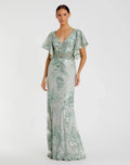 Green Bell Sleeve Floral Embellished Gown