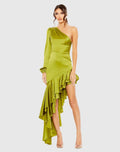 Green Charmeuse One Sleeve Ruffled Asymmetrical Gown - FINAL SALE