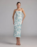 Blue and White Strapless Brocade Sheath Midi Dress