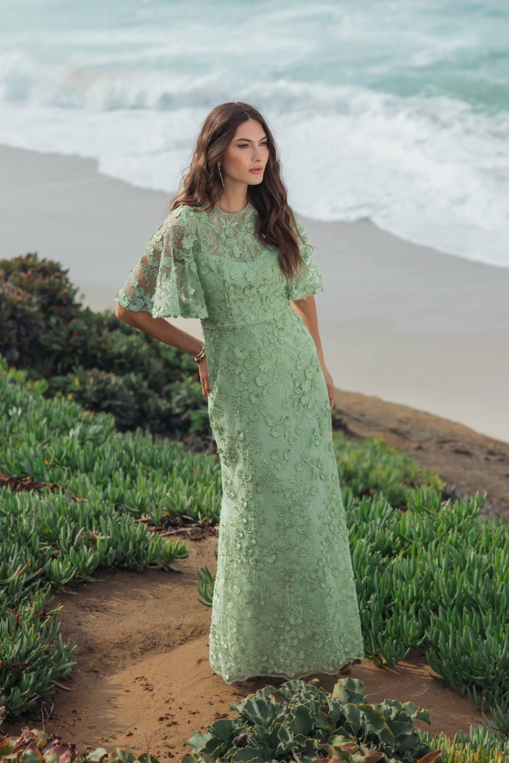 Green Flutter Sleeve Floral Embroidered Net Gown