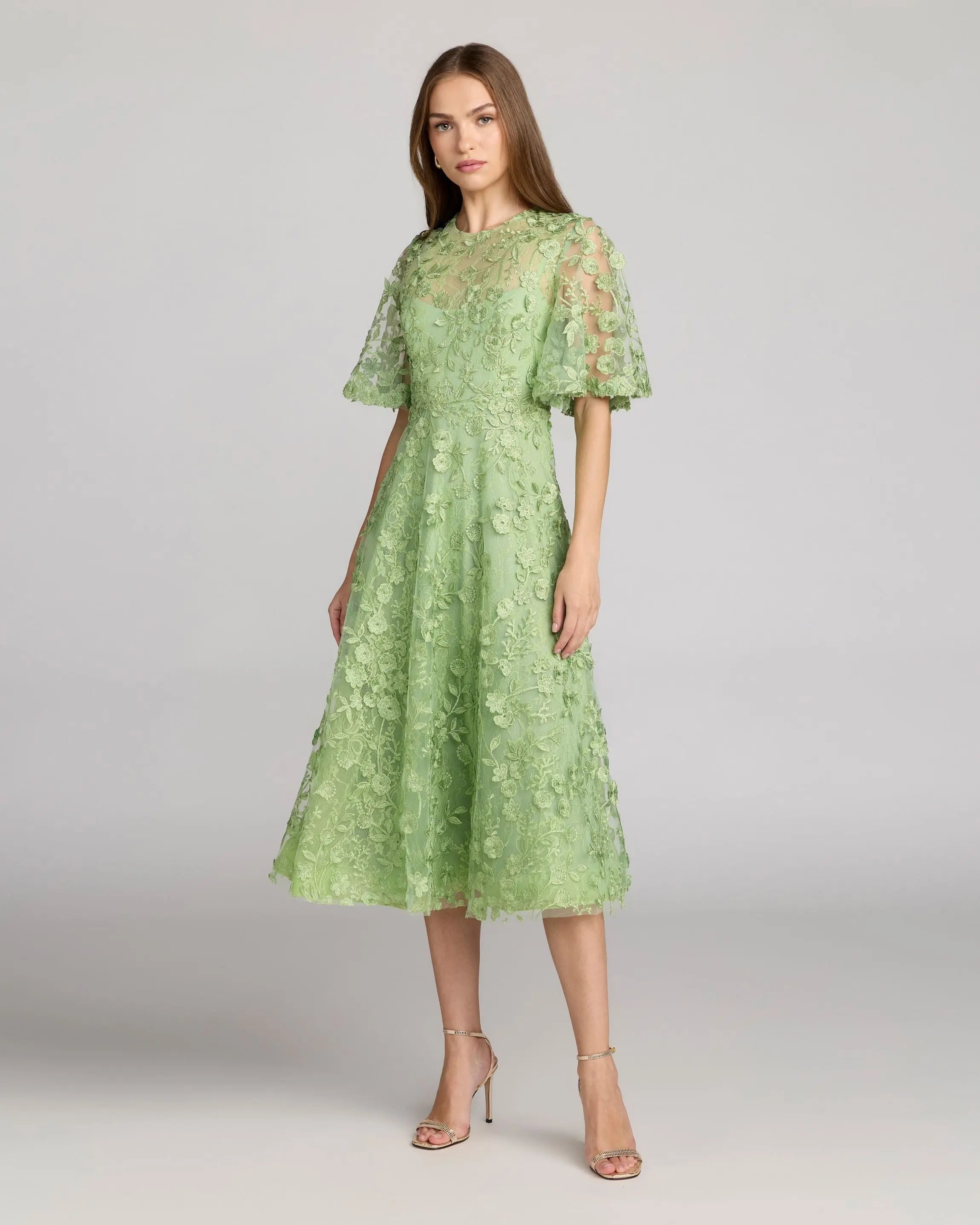 Green Flutter Sleeve Embroidered Midi Dress