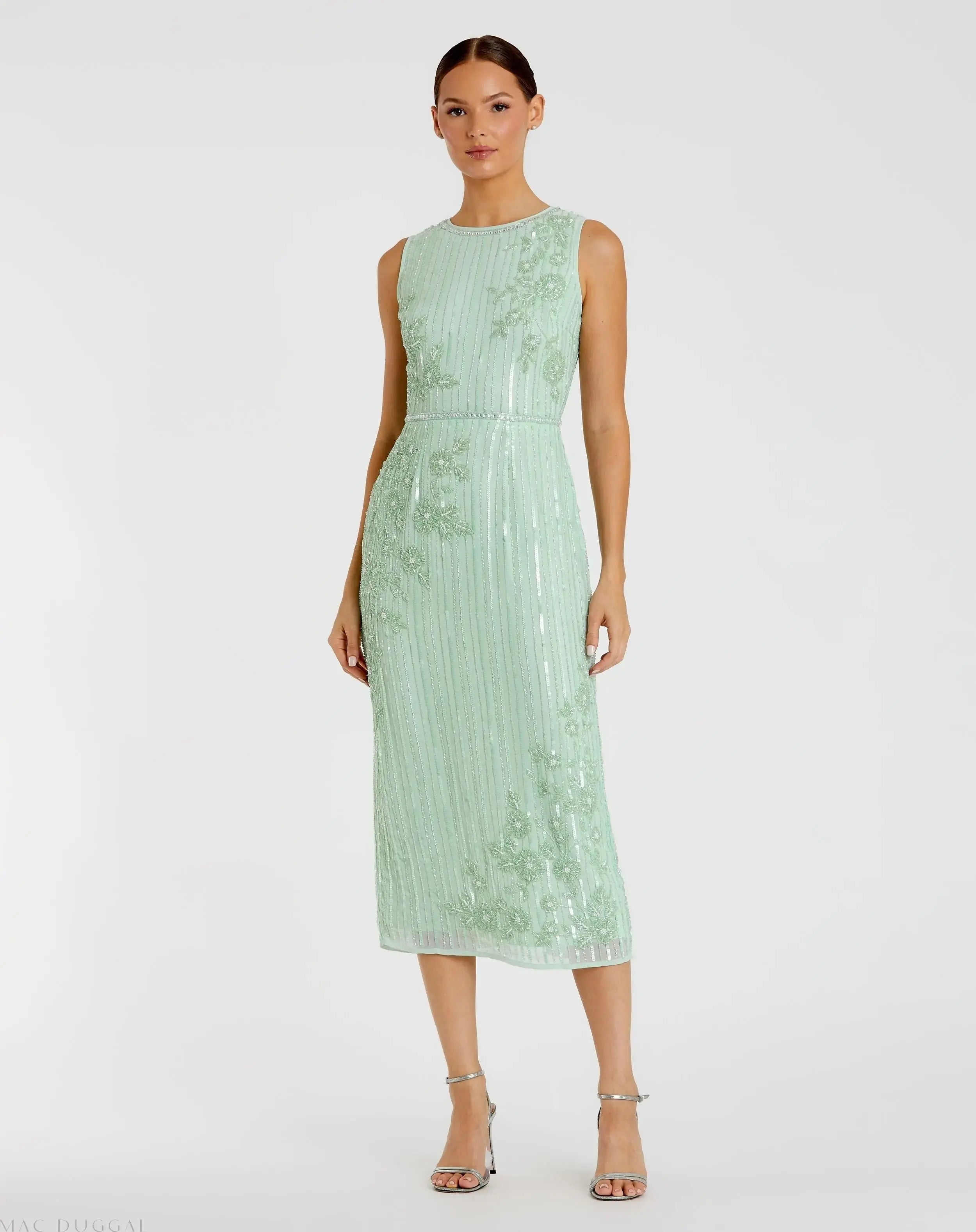 Green Striped Floral Embellished Sleeveless Midi Dress