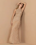 Beige Embellished Lace Sleeveless Feather Gown