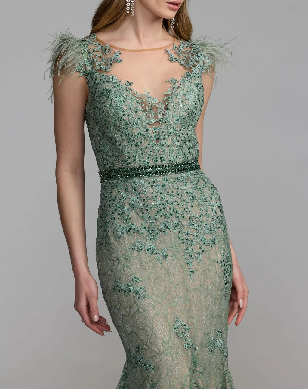 Green Embellished Lace High Neck Gown With Feather Sleeves
